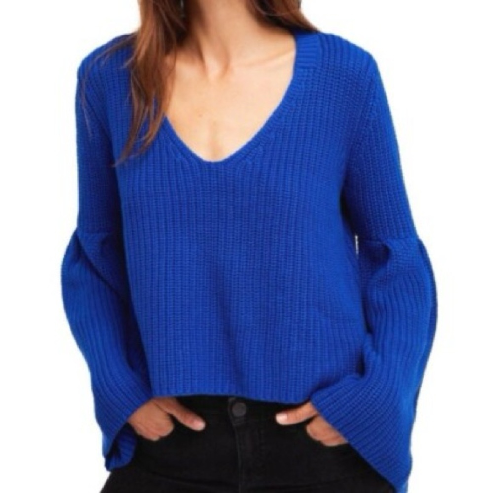 Free People Damsel Royal Blue V-Neck Bell Sleeve Sweater